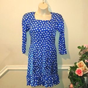 Vintage 80's Gillian Royal Blue & White Polka Dot Ruffled Hem Silk Sheath Dress